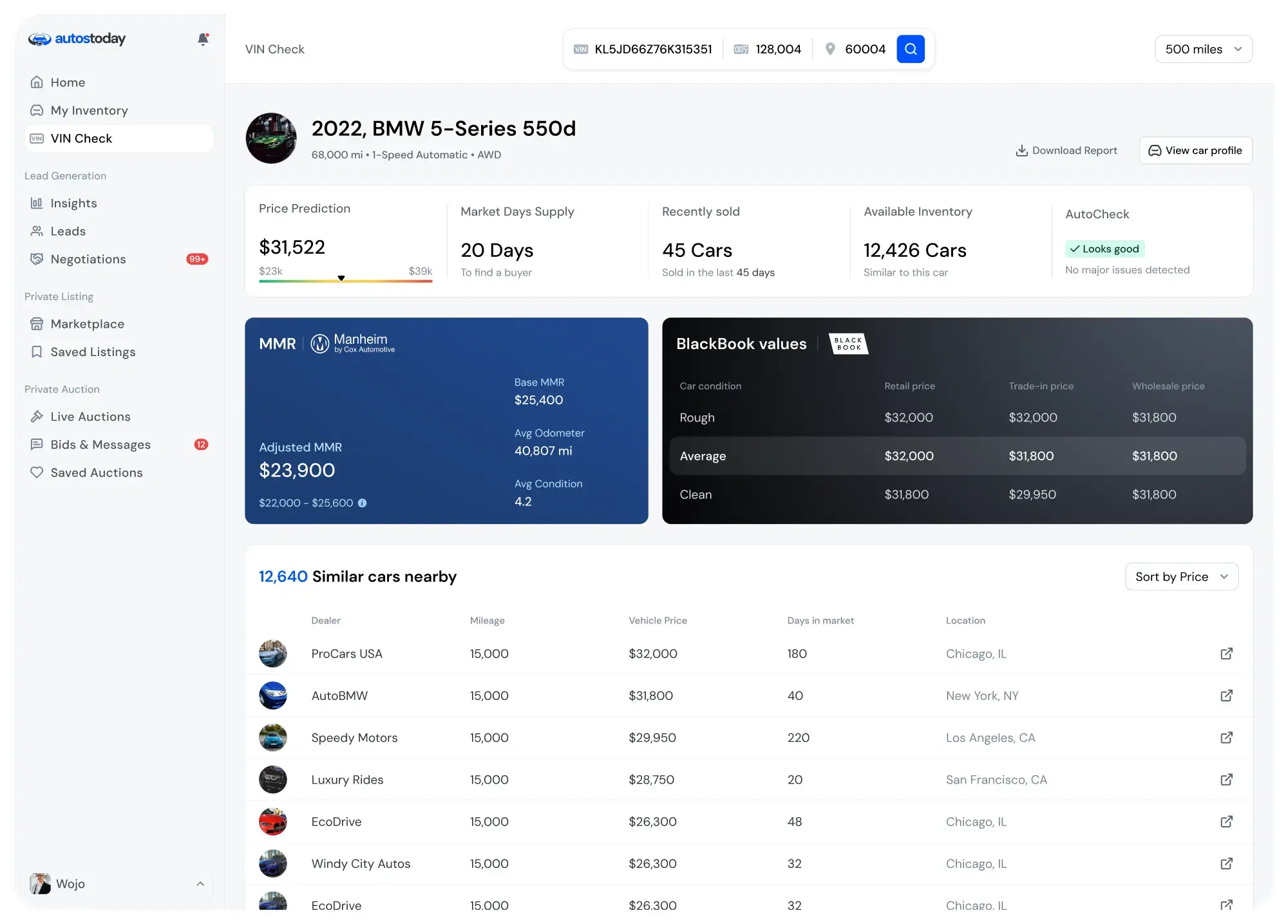 Dealer Dashboard VIN Check Page